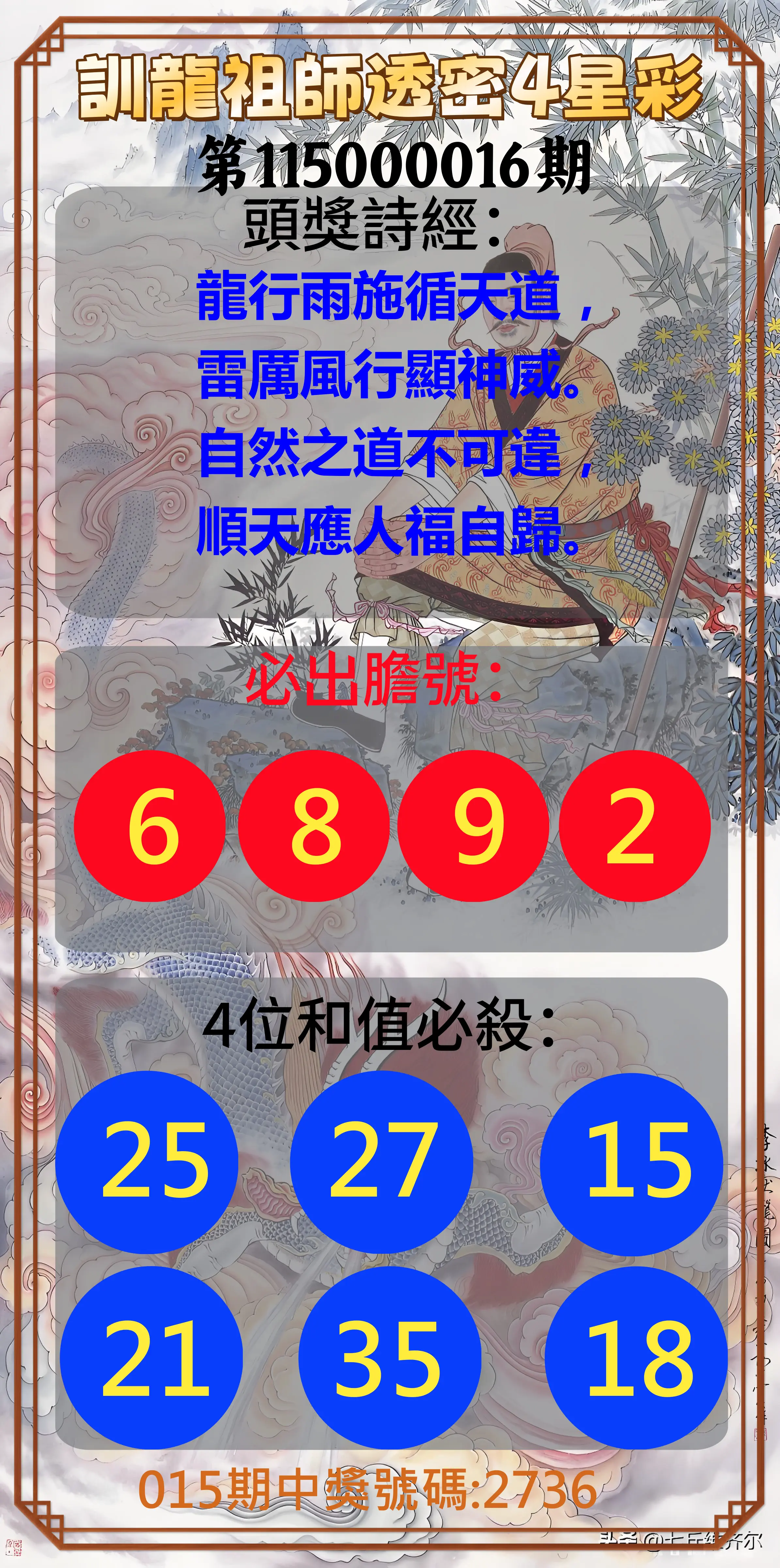4星彩第115000016期(01/19)訓龍祖師透密4星彩