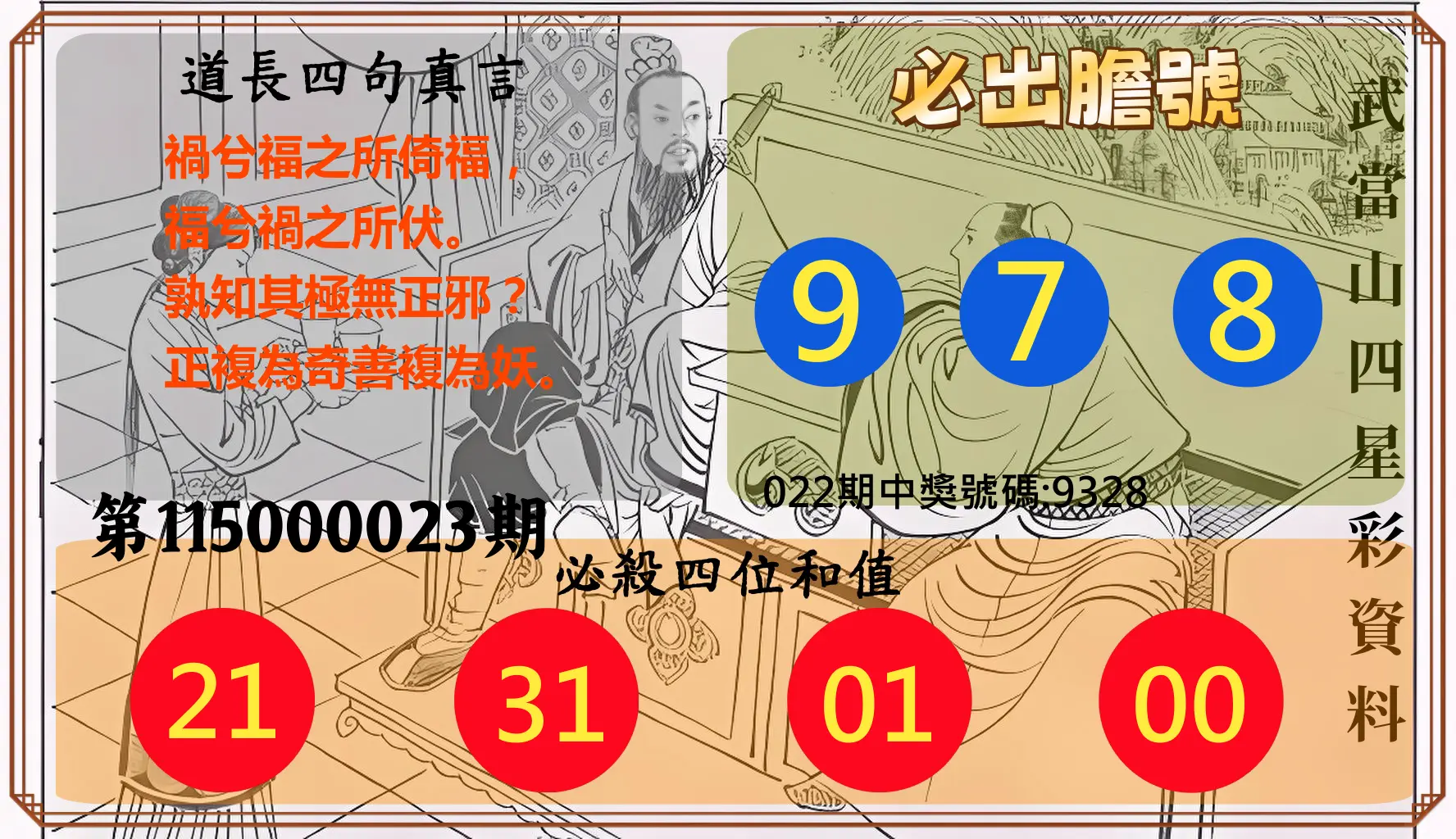 4星彩第115000023期(01/27)武當山四星彩資料
