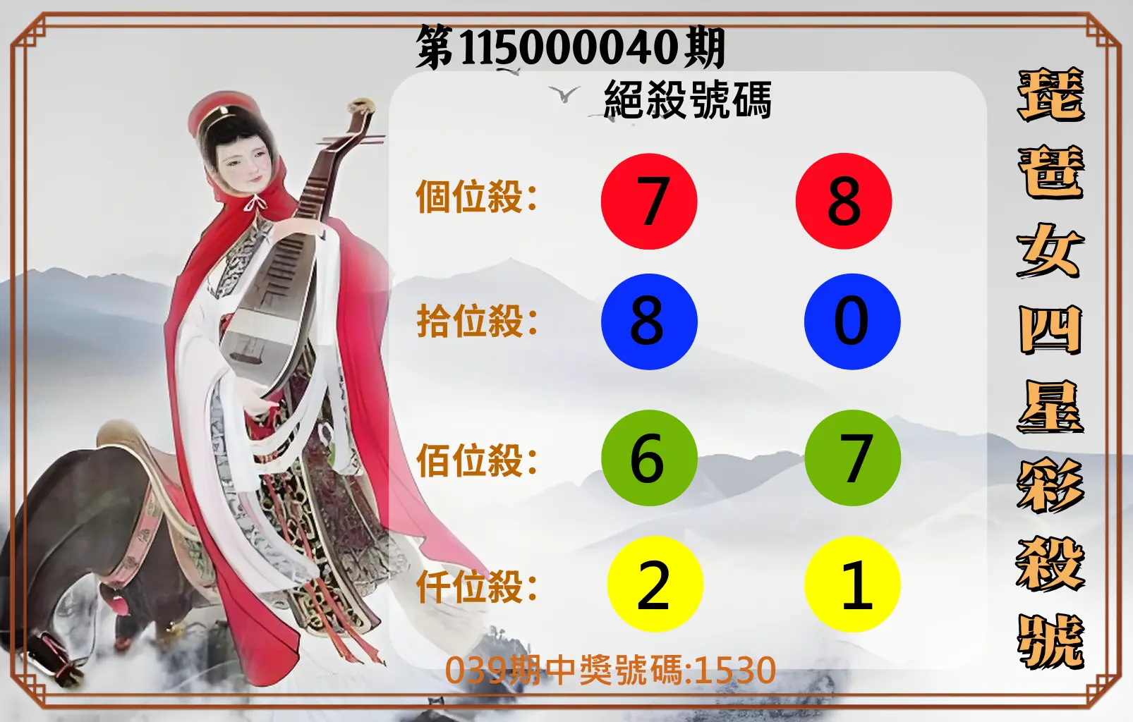 4星彩第115000040期(02/16)琵琶女四星彩殺號