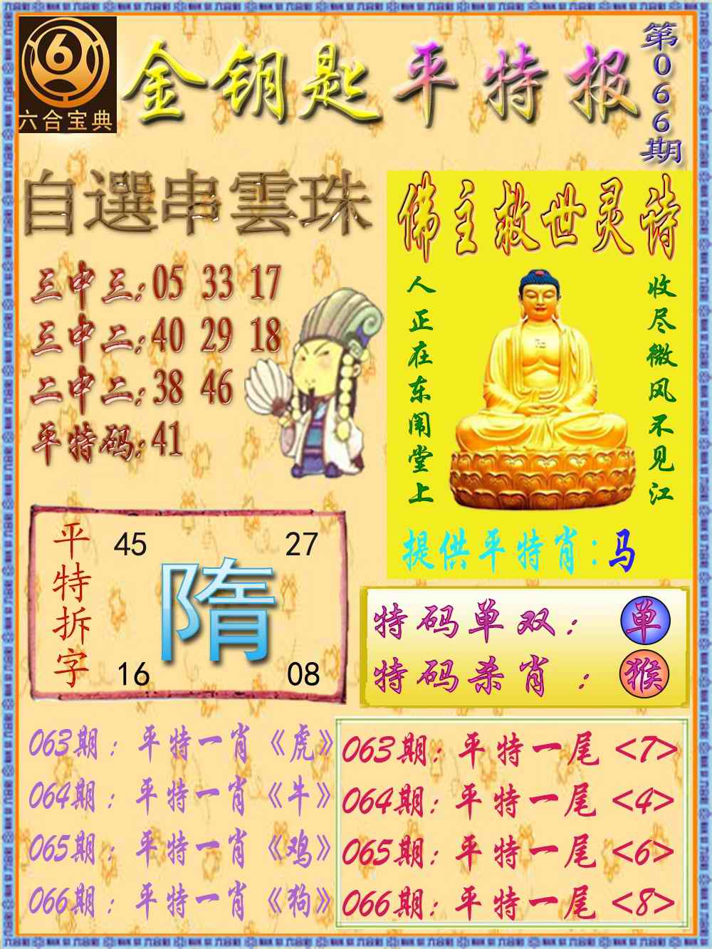 六合彩066期金钥匙平特报