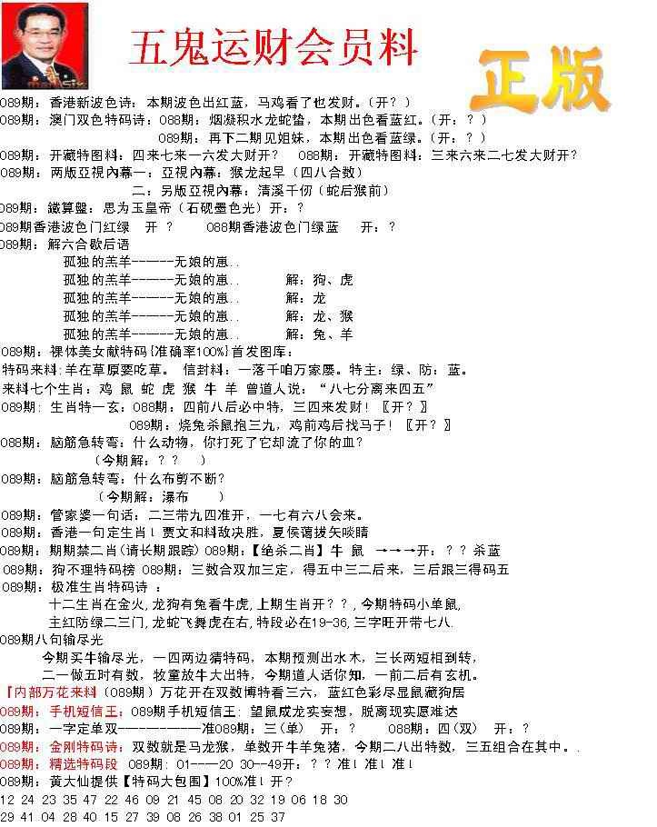 六合彩089期正版五鬼运财会员料