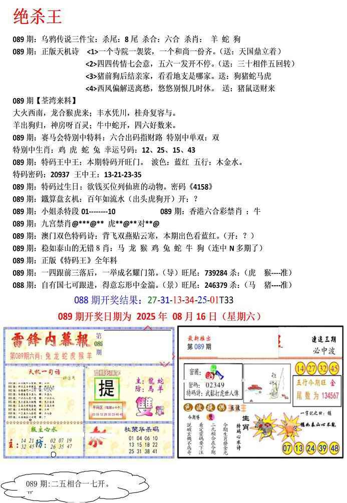 六合彩089期蓝天报(绝杀王)